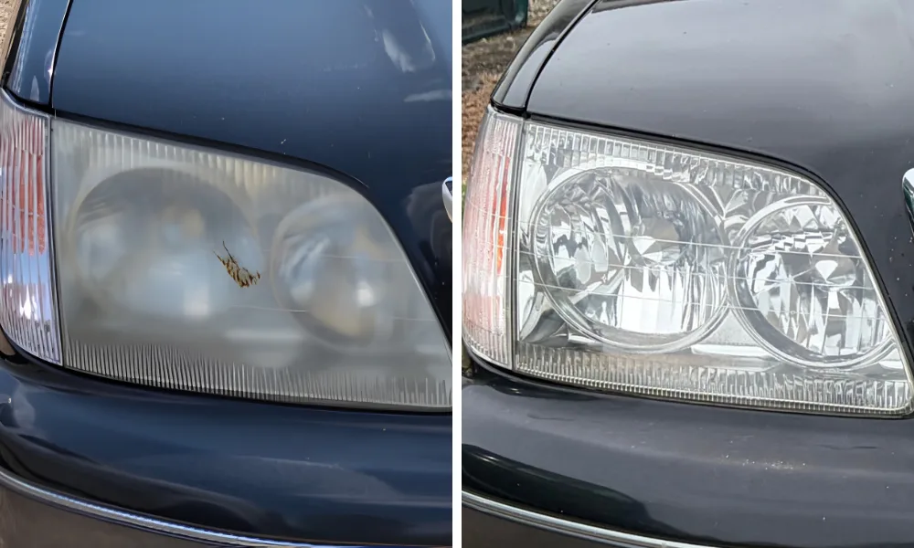 Yellowed headlight next to the same lens restored clear, our own work