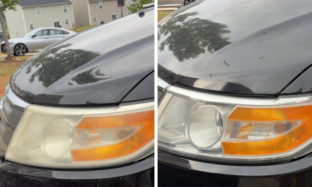 Dim, hazed headlight next to the same lens restored to factory clarity, our own work