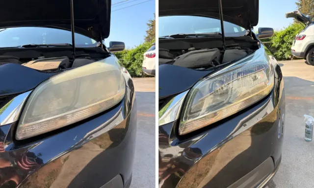 Black SUV headlight before and after restoration, our own work