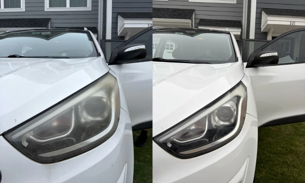 Cloudy headlight lens next to the same lens after restoration, our own work