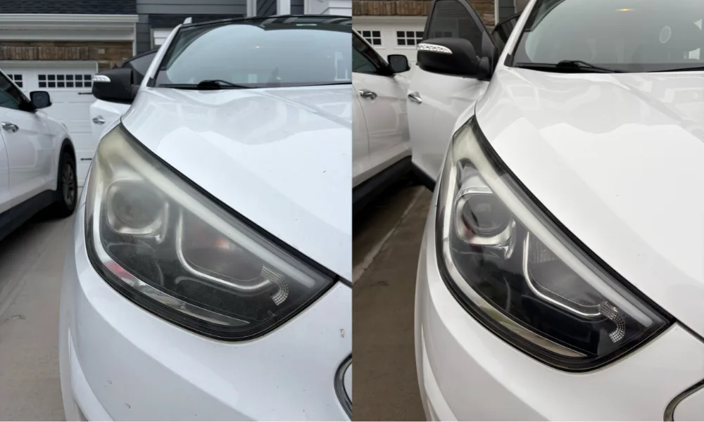 Hazy headlight next to the same lens restored to clear, our own work