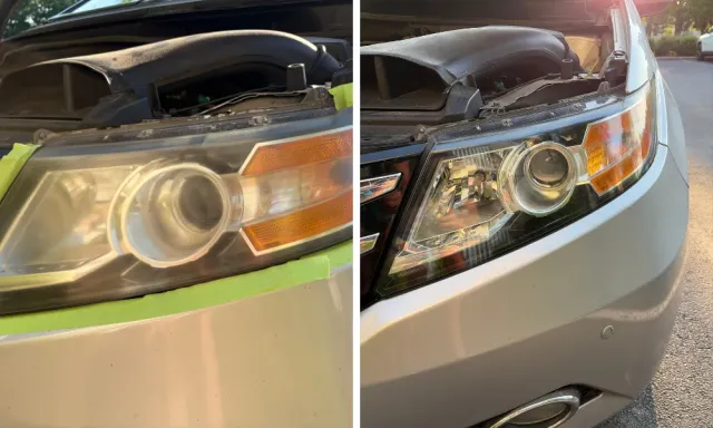 Silver minivan headlight before and after restoration, our own work